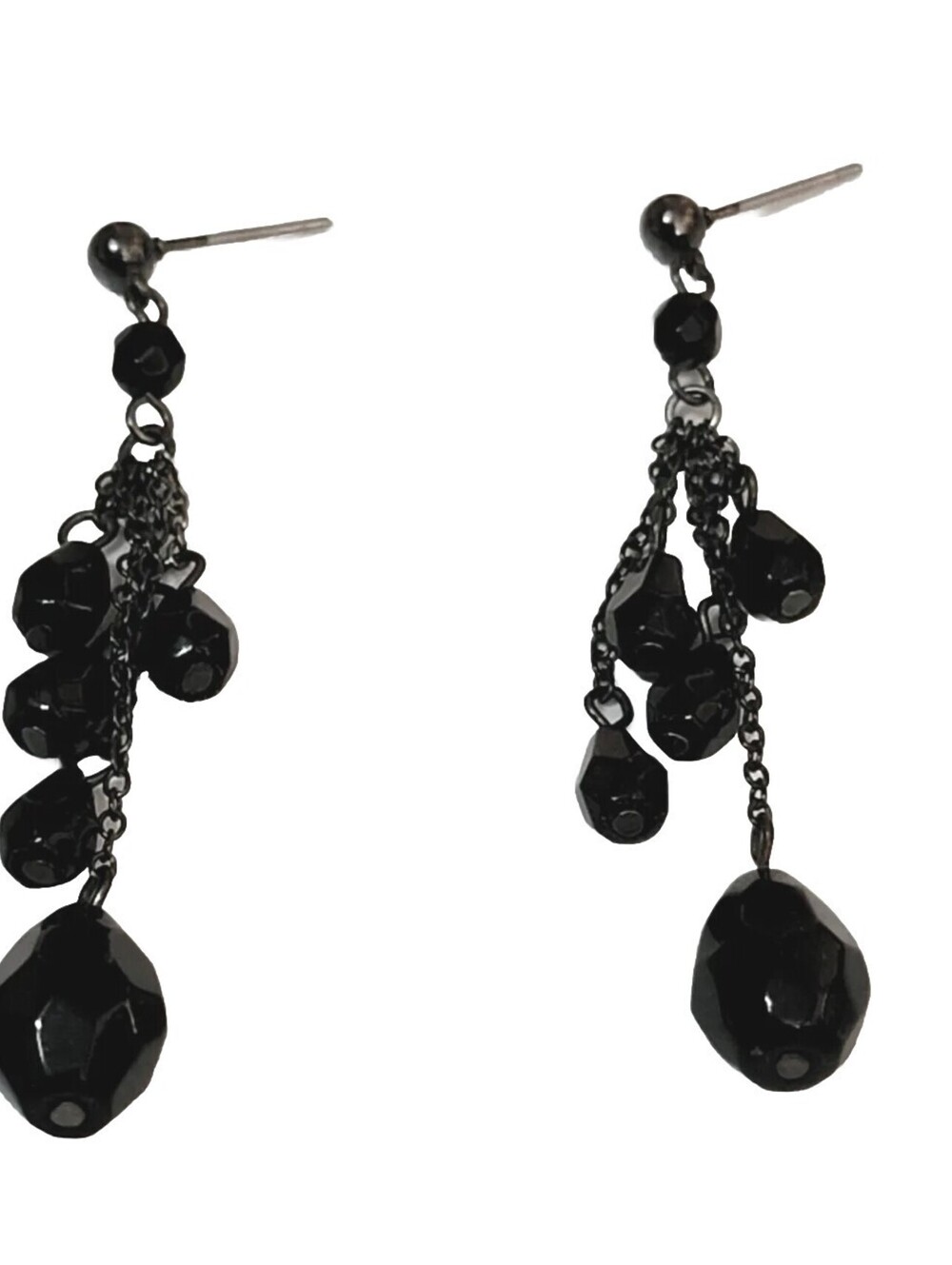 GOTH Black Glass Pierced Dangle Earrings‎ Faceted Sustainable kp-11